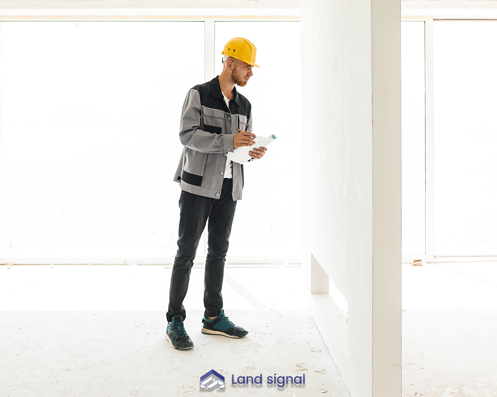 Construction worker in protective helmet reviewing building plans inside a bright unfinished room, inspecting walls during a site assessment.