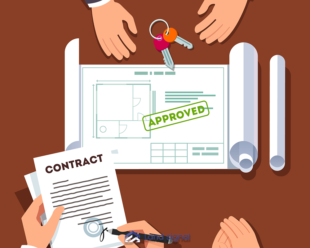 Architectural blueprint stamped approved on a table as hands review plans and sign a construction contract.”