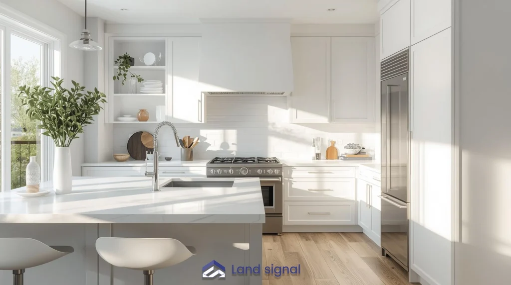 Bright modern kitchen with white cabinetry, large island with seating, stainless steel refrigerator, gas range, and natural light from oversized windows