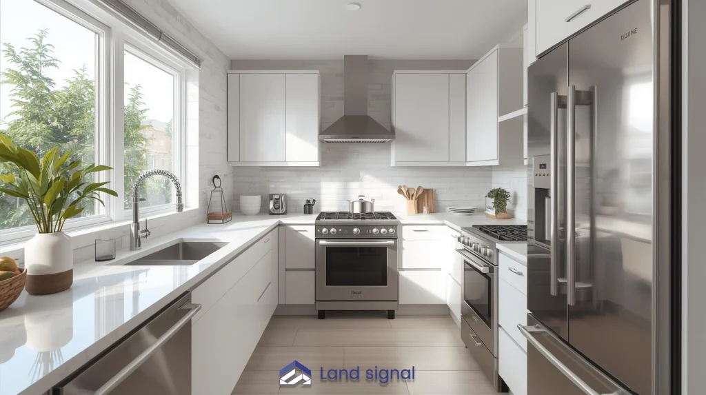 Modern white kitchen with stainless steel appliances, large windows, quartz countertops, and minimalist cabinetry in a bright, contemporary home.