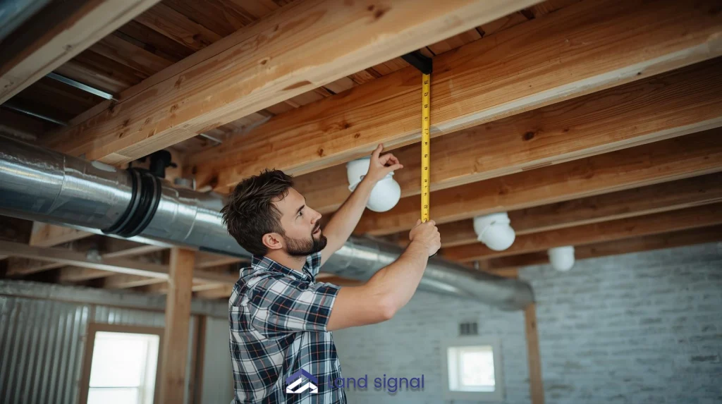 Illustration of contractor measuring basement ceiling clearance with tape measure for finishing and code compliance.