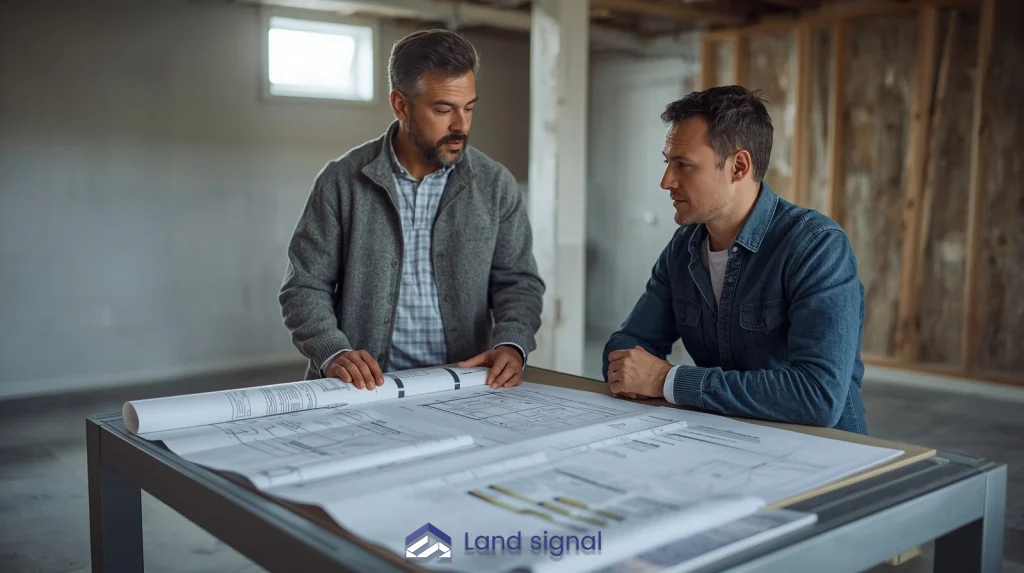 Homeowner and contractor reviewing architectural plans together inside an unfinished basement renovation space.