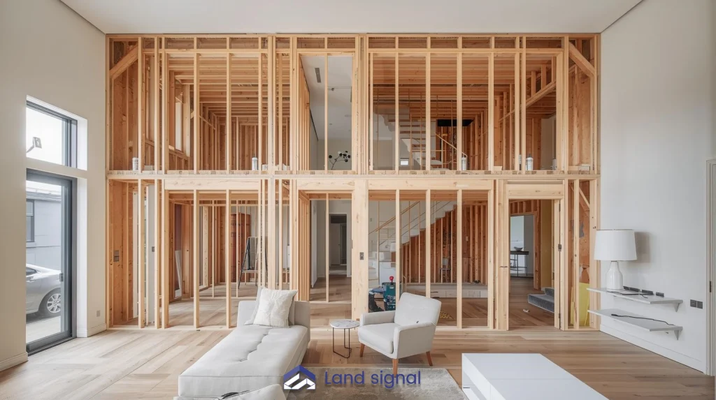Interior of a home under construction showing exposed wood framing, open floor plan, and natural light from large windows.
