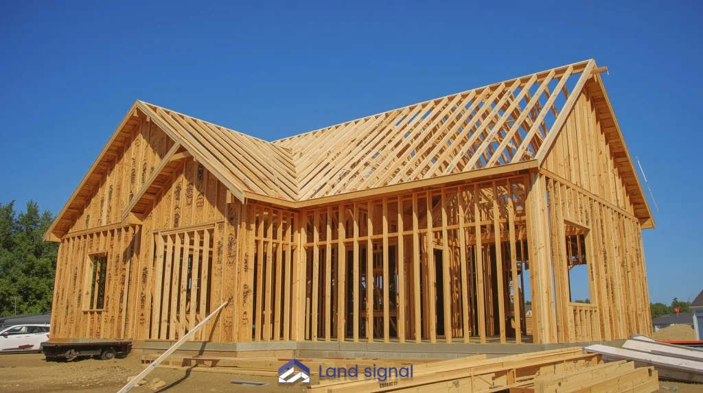 Wood-framed house under construction with exposed studs and roof trusses, showing early structural framing stage of a residential home build.