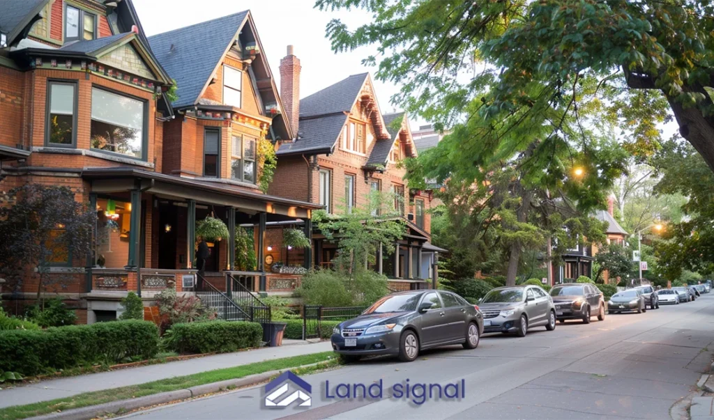 Row of Victorian-style houses with large bay windows on a residential street in Toronto, with cars parked along the road and trees lining the sidewalk.