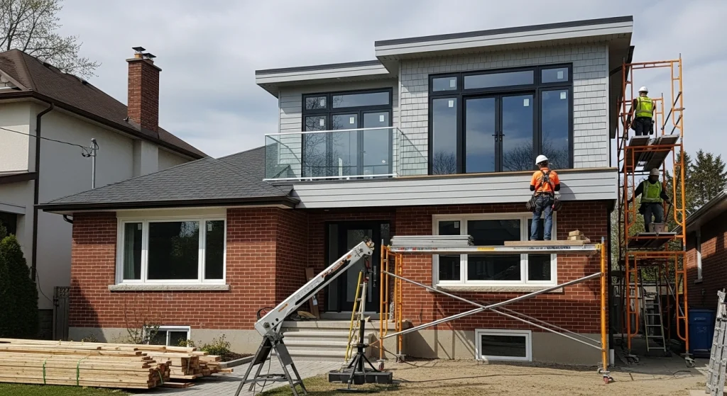 A single-family house undergoing renovation or construction. The original structure appears to be a one-story red brick bungalow, now expanded with a modern second-story addition featuring dark window frames, light gray clapboard siding, and a flat roof.