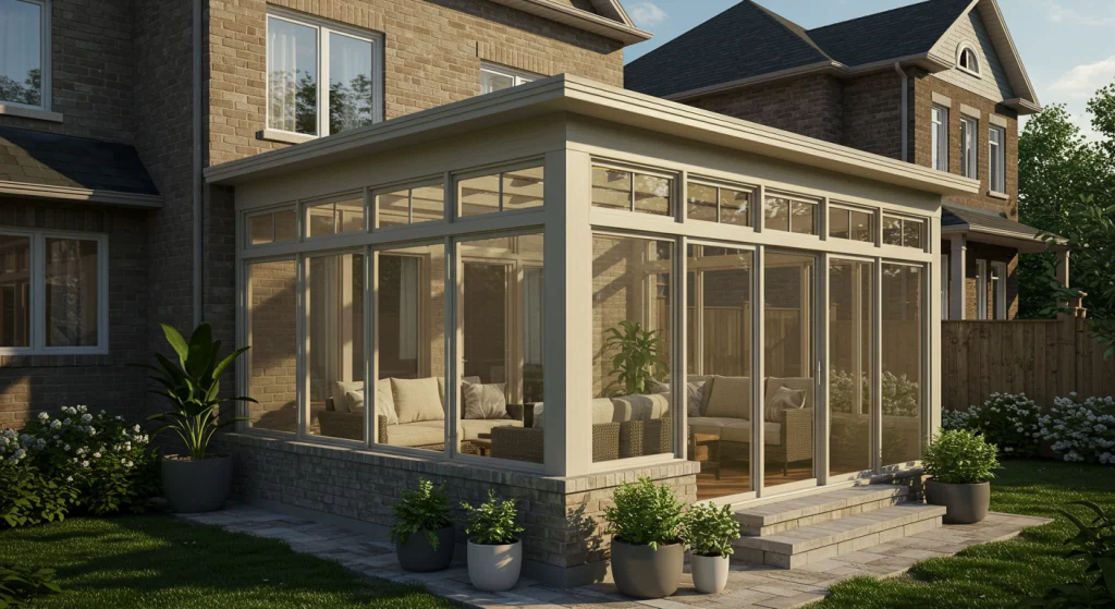 Traditional brick home with a glass sunroom addition. A realistic render of a suburban brick house with a newly built glass and screen sunroom addition on a stone patio, surrounded by potted plants and a green lawn.