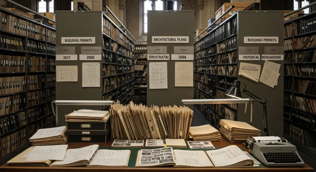 A photograph of an archive room featuring tall shelves filled with bound files and binders flanking a central aisle. A desk in the foreground is covered with stacks of loose papers, folders, and open architectural or building plans.