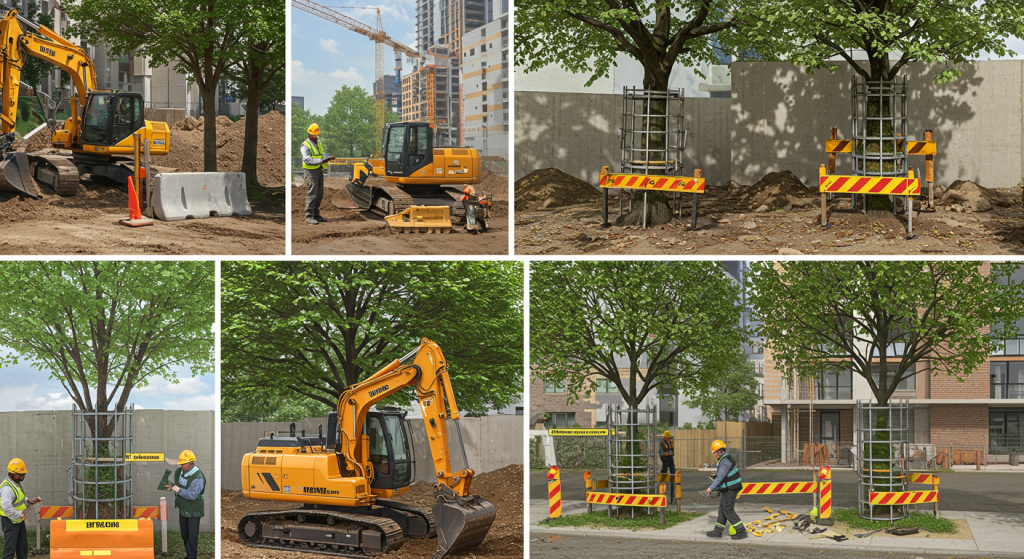 Toronto Urban Forestry diagram for Tree Protection Barriers (Detail TP-1). Illustrates a solid wood frame and plywood tree hoarding barrier, sediment control fencing, and notes on construction activity restrictions within the Tree Protection Zone.
