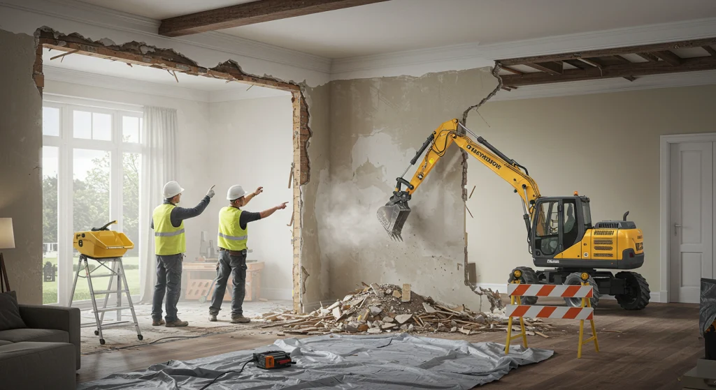 Construction workers demolishing an interior wall. Two workers in safety vests and hard hats directing a small yellow wheeled excavator that is partially demolishing a plaster wall in a house, creating a wide opening.