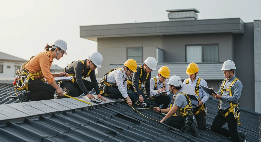 Group of engineers and roofers installing solar panels. Eight people in hard hats and safety harnesses are kneeling on a dark metal roof, taking measurements and reviewing plans for a solar installation.