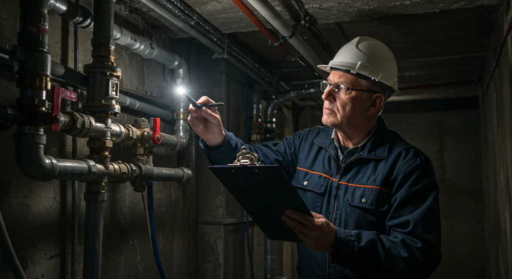 Engineer inspecting industrial pipes in a dark basement. A man in a white hard hat and navy blue jacket shines a light and takes notes on a clipboard while checking valves and gauges on a complex network of grey piping.