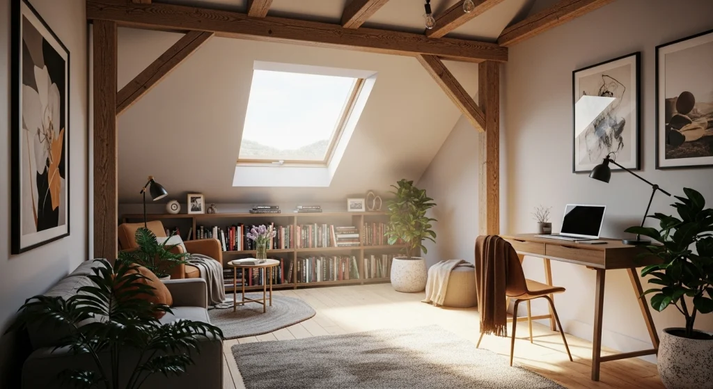 A warm and inviting attic living space and home office featuring exposed wooden beams in the ceiling. Natural light streams in from a large skylight centered in the sloped ceiling. The room is furnished with a comfortable gray sofa on the left and a wooden desk with a laptop and task lamp on the right. A large bookshelf filled with books is set against the back wall. Various indoor plants, artwork, throw blankets, and area rugs contribute to a cozy, well-decorated interior design style, utilizing a palette of earthy tones and natural materials.