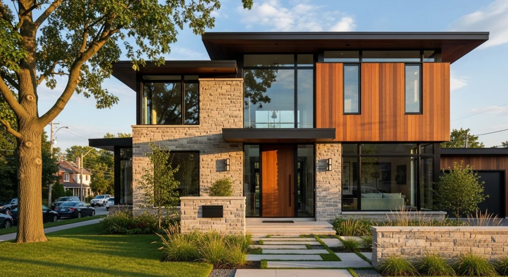 A stunning exterior view of a modern, two-story house illuminated by the warm light of late afternoon or sunset. The facade features a striking mix of materials, primarily light stone cladding and vertical natural wood siding.