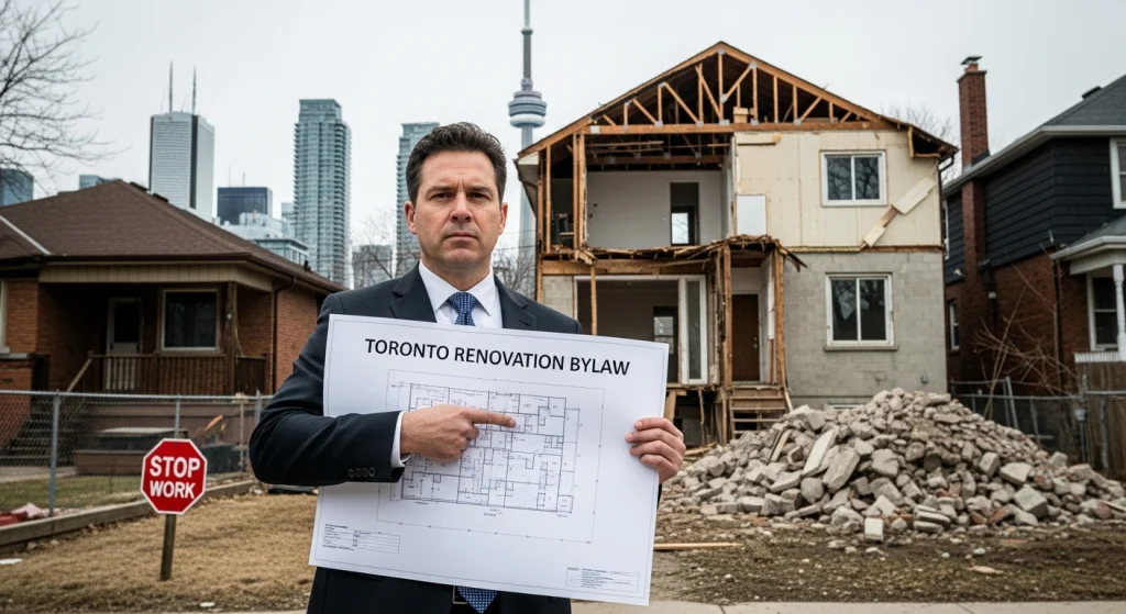 A close-up of picture of a man showing a paper written on it renovation bylaw.immediately.