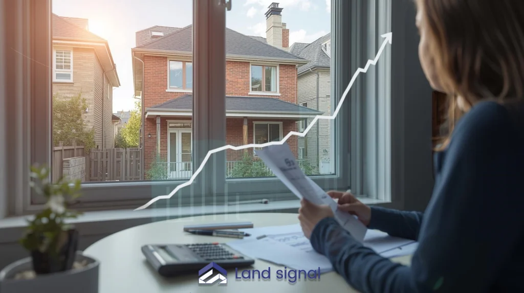 Homeowner reviewing property documents while viewing a rising home value graph, representing real estate investment growth and increasing property value.