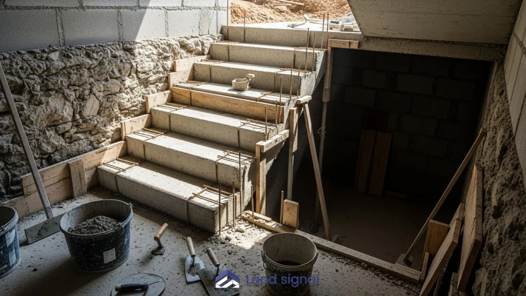 Stairs coming out of a basement