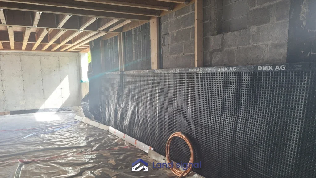 New basement plumbing rough-in with PVC drain pipes installed beneath concrete floor during home renovation.