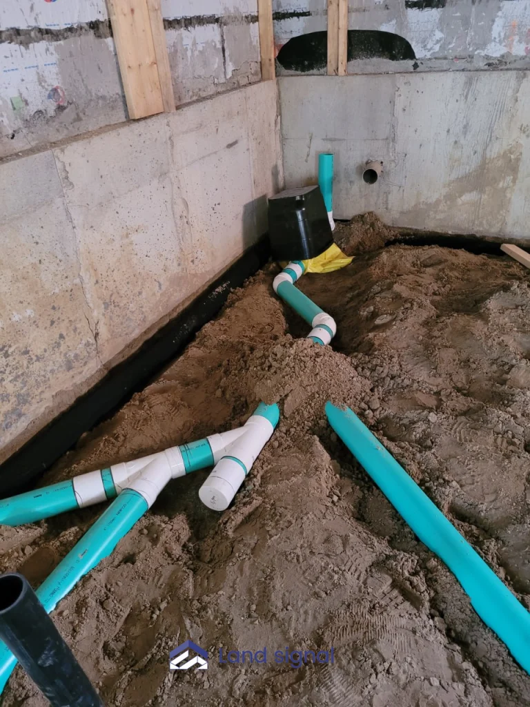 Basement waterproofing system installed with drainage membrane, vapor barrier, and prepared floor before concrete pouring.