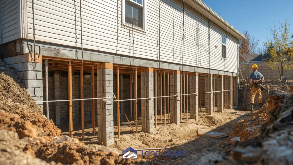 Residential underpinning project showing temporary supports and reinforced foundation walls to increase basement height.