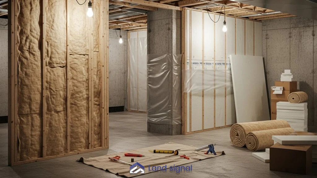 Basement renovation in progress showing framed walls, insulation installation, drywall materials, and construction tools prepared for interior finishing