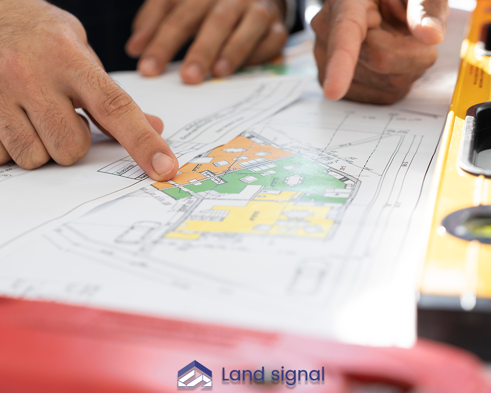 Two people pointing at colorful site plan beside construction level.