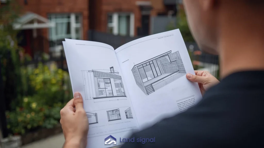 Homeowner reviewing architectural drawings of a residential building design while standing outdoors in front of a brick house.