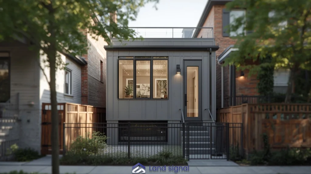 Modern laneway house with contemporary exterior, large windows, and compact urban design built behind a primary home in a residential neighborhood.