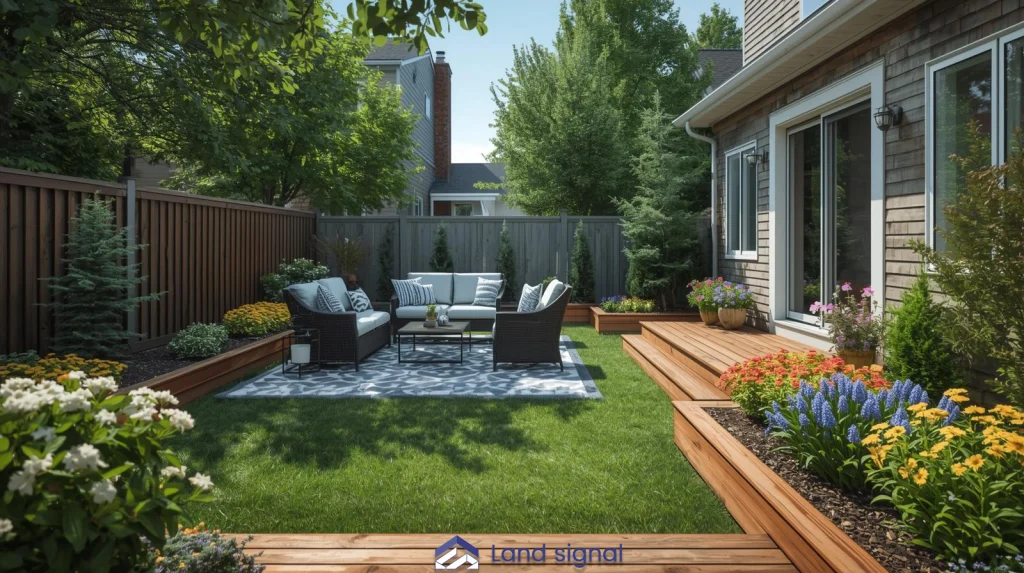 Backyard landscaping with wooden deck, patio seating, lush lawn, and garden beds designed for outdoor living in a residential home.