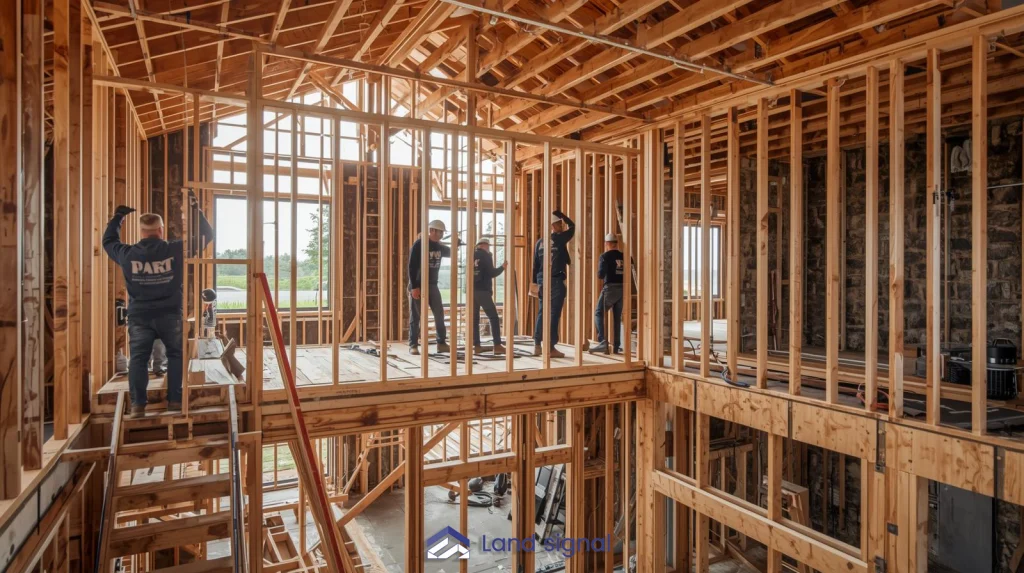 Second floor home addition under construction showing wood framing, structural beams, and builders working on an upper-level expansion.