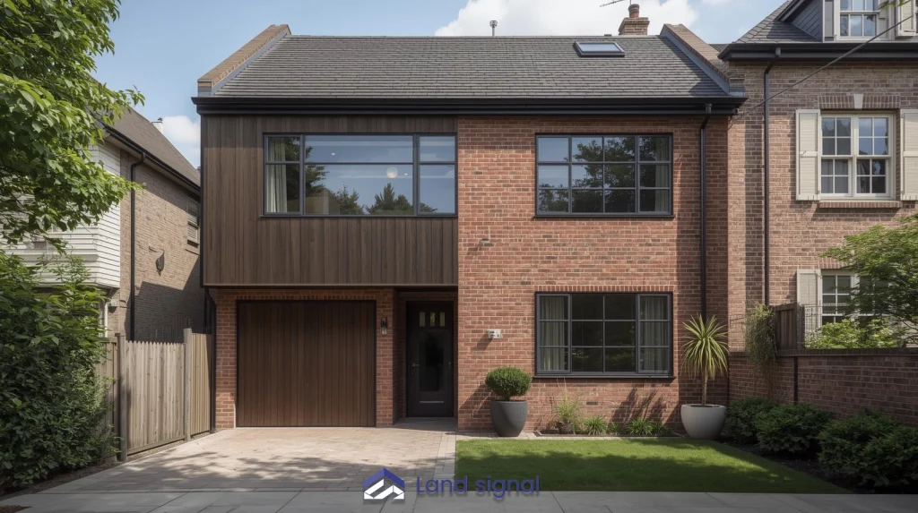 Front exterior of a modern two-storey home with a brick façade, wood cladding on the upper level, large black-framed windows, and a single-car garage with landscaped front yard.