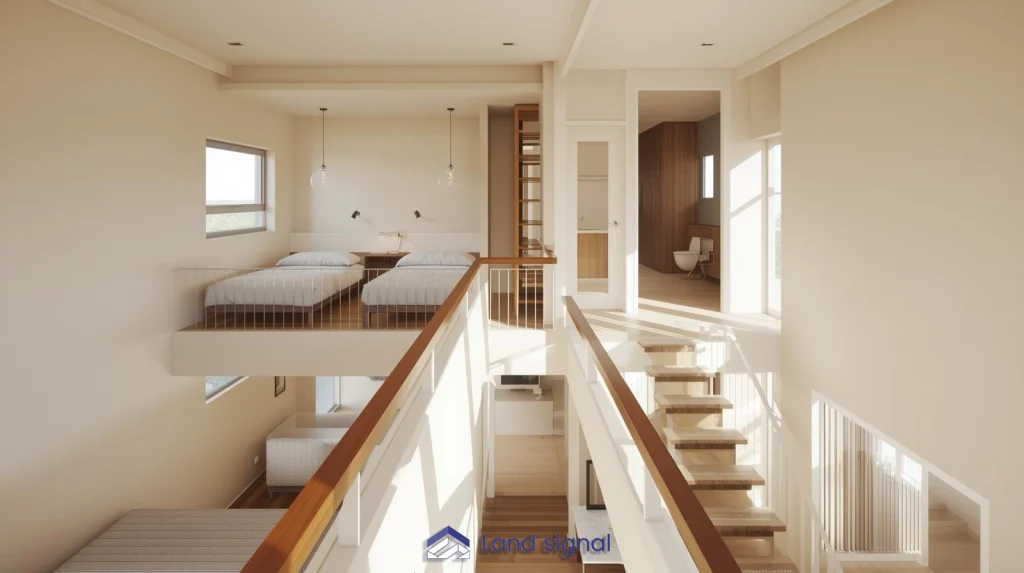 Modern second-floor interior with open staircase, bedrooms and bathroom upstairs, natural light, and clean minimalist home design.