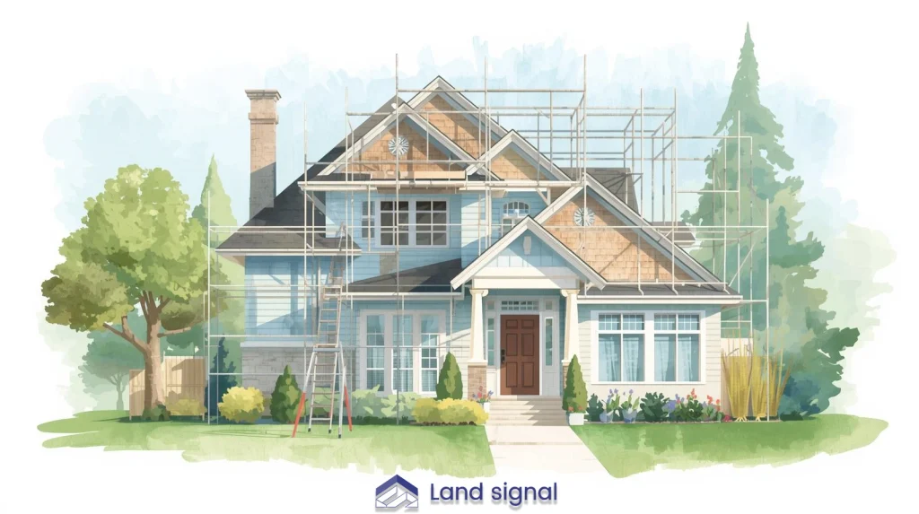 Illustration of a two-story suburban house undergoing renovation, surrounded by scaffolding with a ladder leaning against the front facade, landscaped yard in the foreground, and soft watercolor-style trees in the background.
