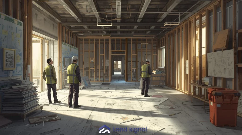 Construction inspectors reviewing building plans inside a partially framed interior, with exposed wooden studs, electrical layouts on the walls, and natural light entering through unfinished window openings.