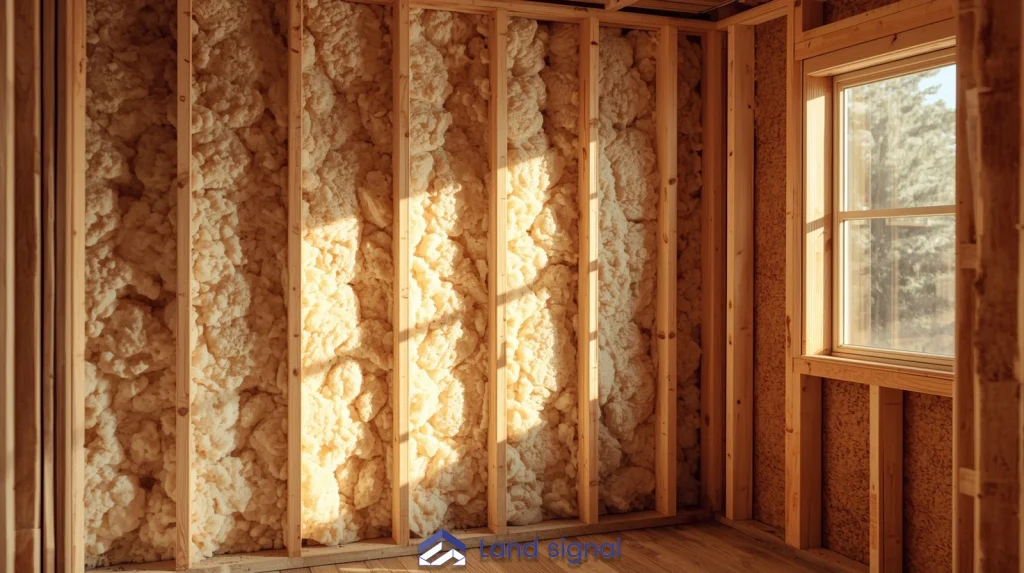 Interior wall under construction showing exposed wooden studs filled with spray foam insulation, with natural sunlight entering through a nearby window highlighting the insulation material.
