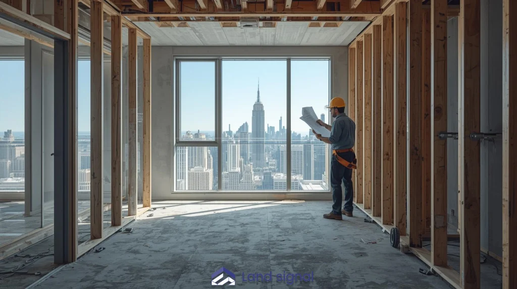 Construction worker wearing a hard hat reviewing blueprints inside a high-rise building under construction, standing near exposed wood framing and a large floor-to-ceiling window overlooking a city skyline.