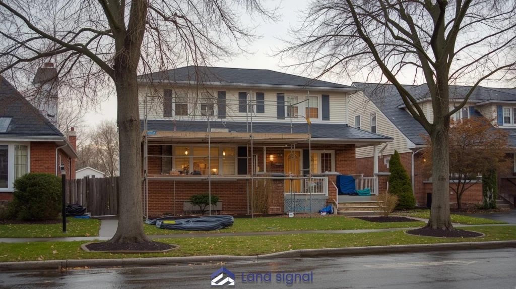 Front view of a two-story brick home undergoing renovation, with scaffolding set up across the front porch and second floor, construction materials on the lawn, and neighboring houses visible on a residential street.