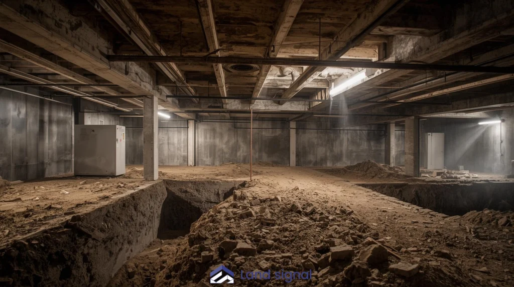 Basement interior during structural renovation with large excavated trenches and soil piles beneath exposed ceiling beams, illustrating underpinning or benching work in progress.