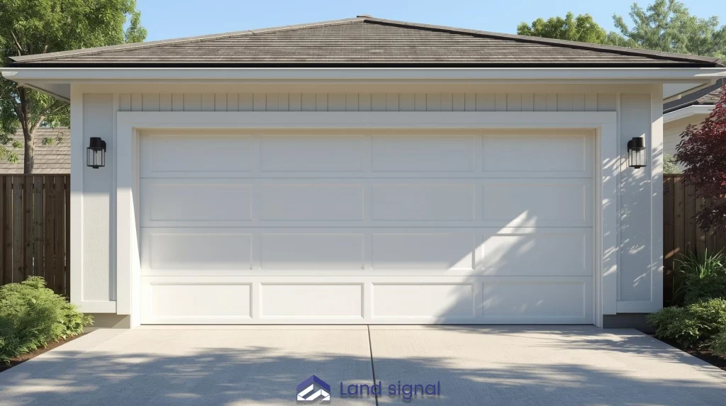 Modern white attached garage with a paneled overhead door, exterior wall lanterns on both sides, and a clean concrete driveway framed by landscaping and wooden fencing.