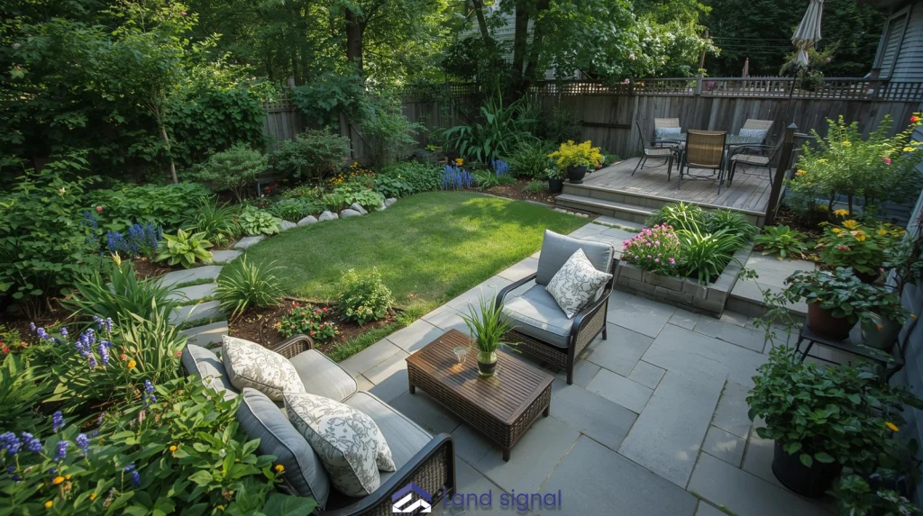 Professionally landscaped backyard featuring stone patio, outdoor seating area, mature trees, and layered garden planting for relaxation and entertaining