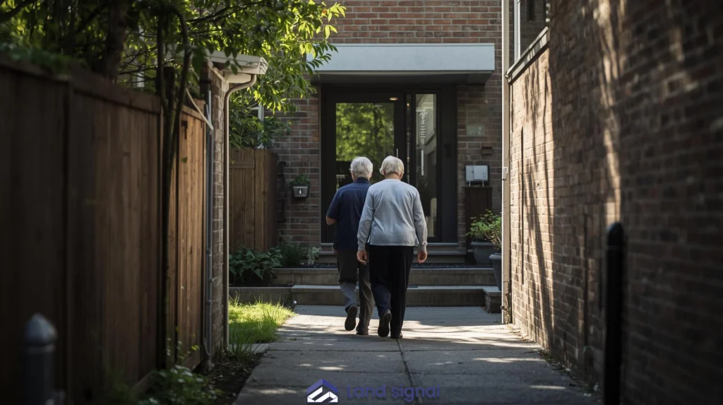 Elderly couple walking down a residential laneway toward a secondary home, illustrating laneway living and aging-in-place housing options