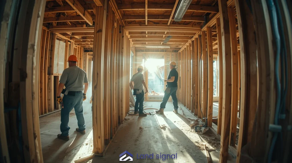 Three construction workers wearing hard hats stand inside a wood-framed house under construction, reviewing plans in a sunlit hallway with exposed studs, wiring, and unfinished flooring.