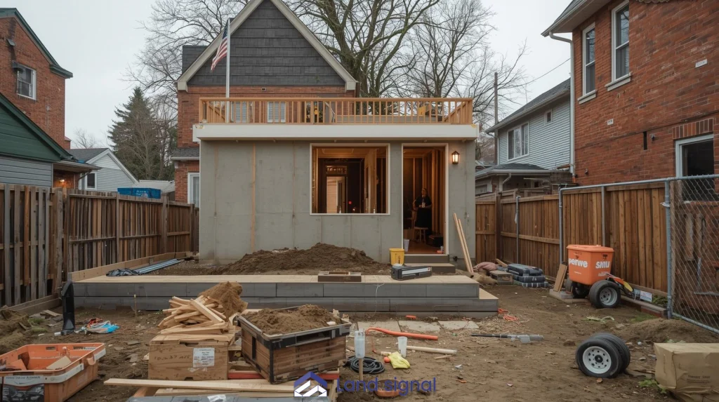 Rear view of a two-storey home addition under construction, showing exposed concrete walls, a newly framed upper-level balcony, scattered construction materials, and an unfinished backyard between neighboring houses.
